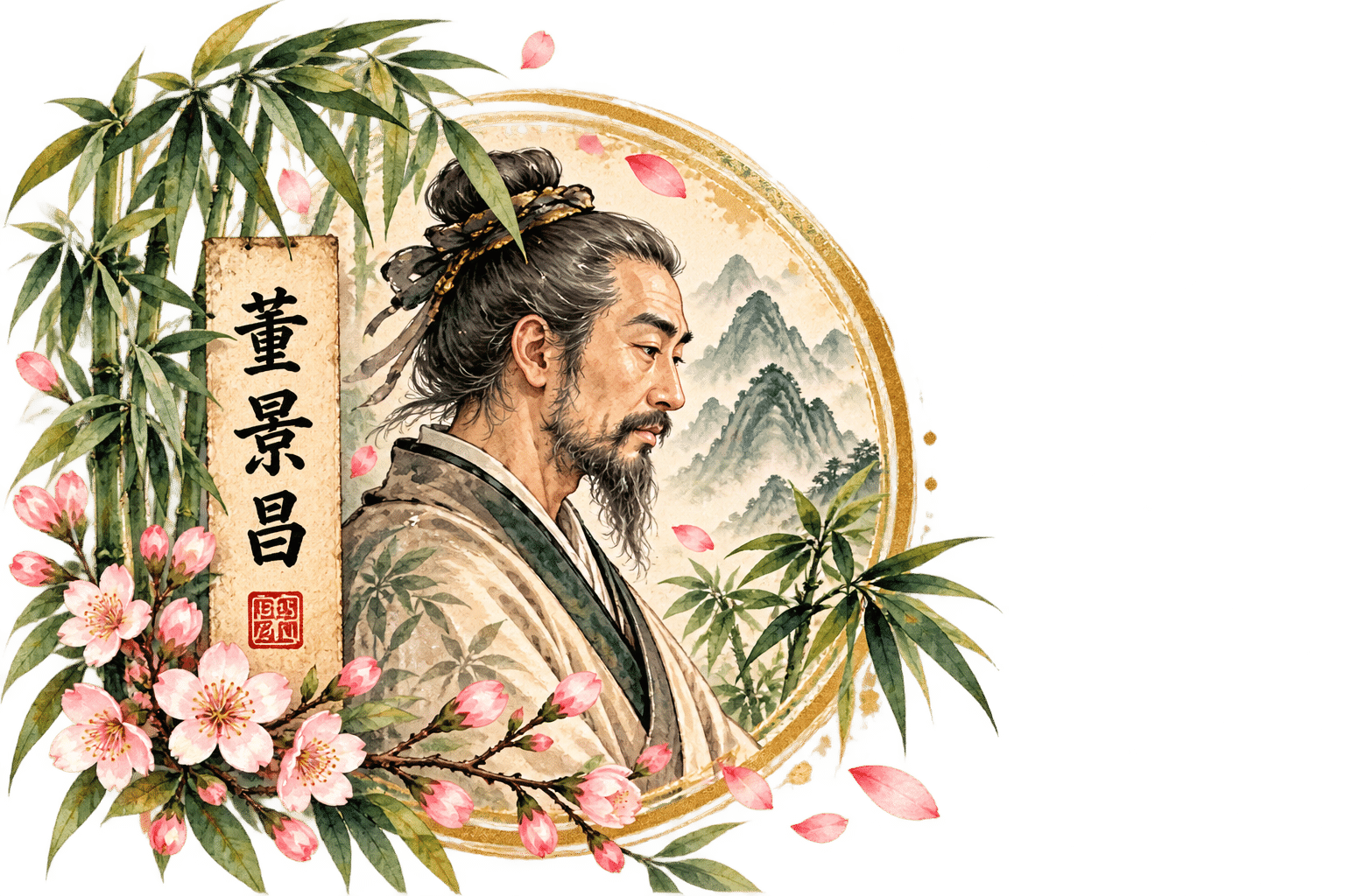 Portrait d’un sage chinois parmi les bambous et cerisiers